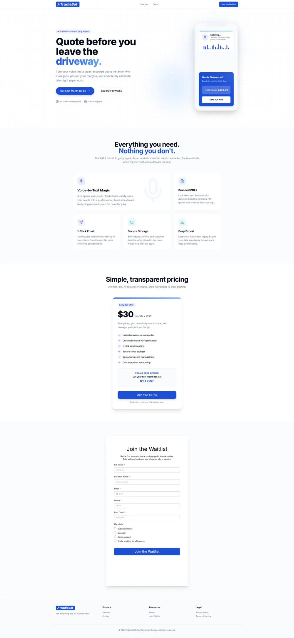 Tradiebot Landing Page full homepage